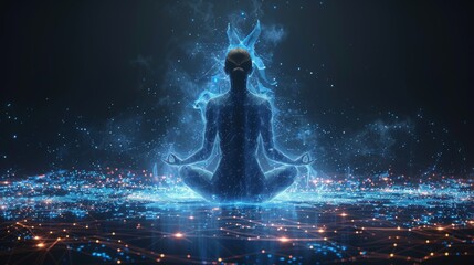 A serene woman meditates, her form harmonizing with the digital network around her under a twilight ambiance.