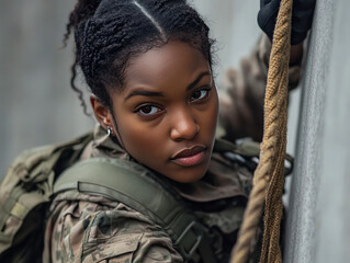 Black African American Female Soldier Climbing Rope During Training. Concept of Inclusion and Feminism.