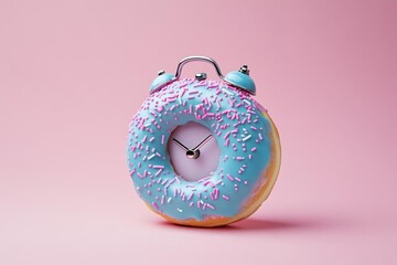 Commercial photograph of an alarm clock made out of a blue doughnut with pink sprinkles on top, against a solid-color background, studio shot