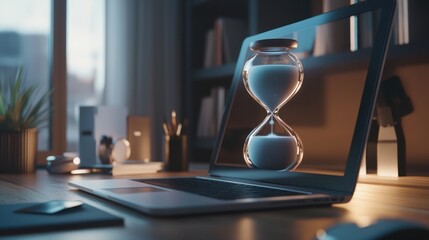 Hourglass on laptop computer concept for time management and countdown to deadline