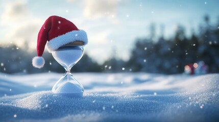 hourglass with christmas hat on snow. Holiday season countdown