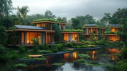 Fototapeta premium A panoramic view of a sustainable city, with green spaces, solar panels, and electric transportation