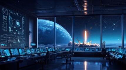 Illustration of Futuristic Space Mission Control Room Observing Rocket Launch at Night with Planetary Background