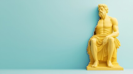 A yellow statue of a seated male figure rests against a light blue wall, showcasing a blend of classical art and modern design elements.