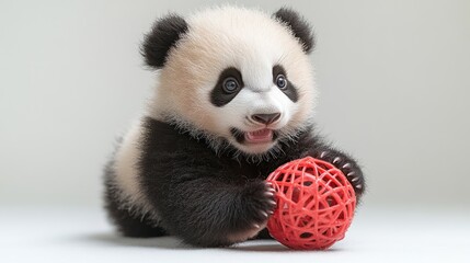 Fototapeta premium Adorable Panda Cub Playing with Red Ball