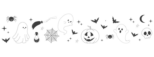 Cute halloween border, line ghost, pumpkin and silhouette bat, spider autumn decoration, Divider frame. Simple greeting.