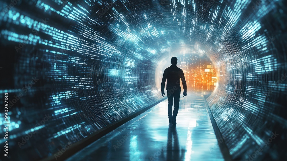 Poster man walking in futuristic technology tunnel with computer code