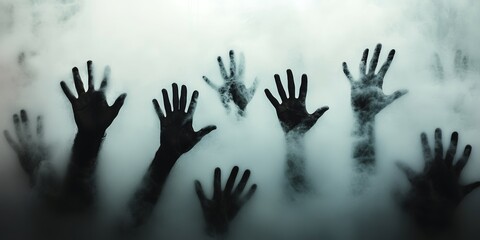 A lot of hands behind a foggy glass, Halloween-like background with a creepy feel., many hands are sticking out of the mist in front of a frosted glass wall