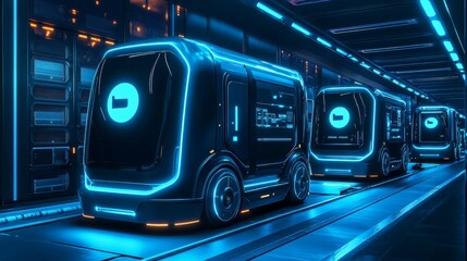 Fototapeta premium Futuristic Electric Delivery Vehicles in a High-Tech Warehouse