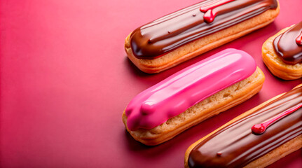 Four eclairs with chocolate and pink icing, beautifully arranged on a bright pink background.