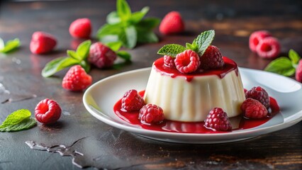 A gourmet panna cotta topped with fresh raspberries and mint, drizzled in vibrant red raspberry sauce on a white plate.