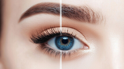 Obraz premium womans eye area with one side showing natural appearance, and the other side with dramatic eyeshadow and false lashes