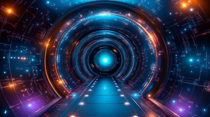 Obraz premium Futuristic Sci-Fi Tunnel of Glowing Lights and Starry Skies