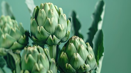 Obraz premium Artichokes in vibrant green color on a green background, highlighting their natural, fresh appearance.