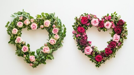 Two heart-shaped wreaths made from fresh roses and greenery, one in soft pink and the other in deep red, on a white background.