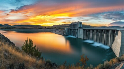 Obraz premium Stunning Sunset Over a Dam, Reflecting in a Still Lake, with Mountains in the Background