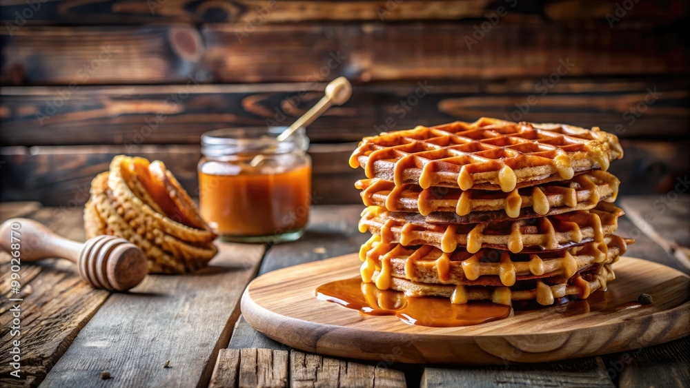 Wall mural  A tall stack of caramel waffles drizzled with honey, paired with a jar of honey on a rustic wooden board.