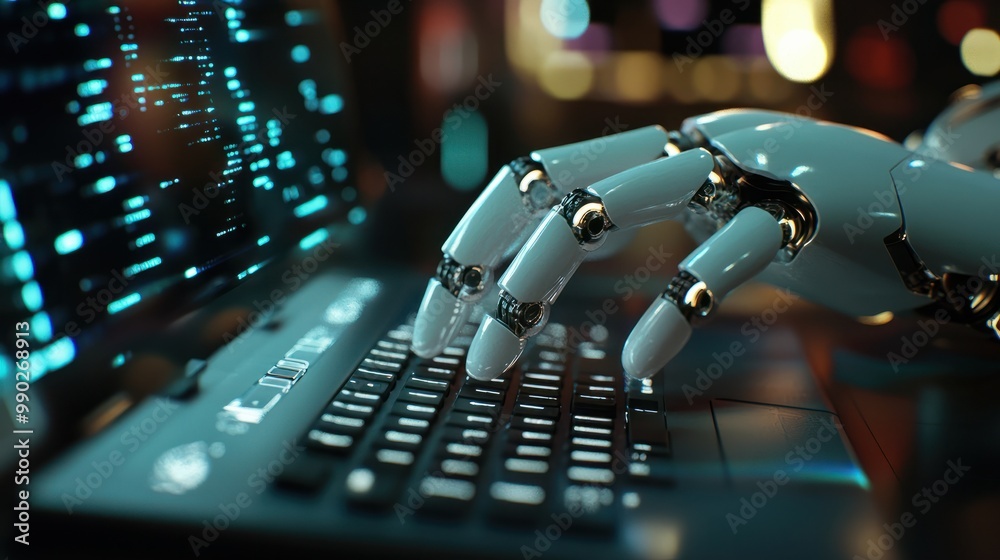 Poster robot hand typing on the computer. the concept of artificial intelligence replacing a human in deali