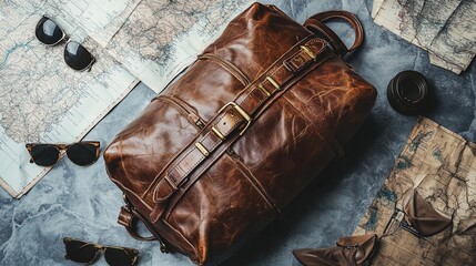 Vintage Brown Leather Duffel Bag: Perfect Poster for Travel Enthusiasts, Evoking Nostalgia with Maps and Sunglasses on a Stylish Gray Stone Floor