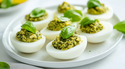 Deviled eggs filled with a creamy pesto mixture, garnished with fresh basil leaves, creating a vibrant and flavorful appetizer perfect for any occasion.
