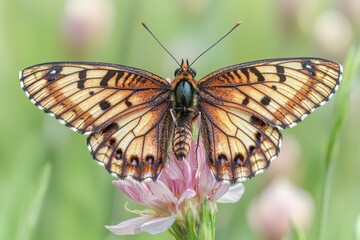 Naklejka premium Colorful butterfly with patterned wings resting on pink flower