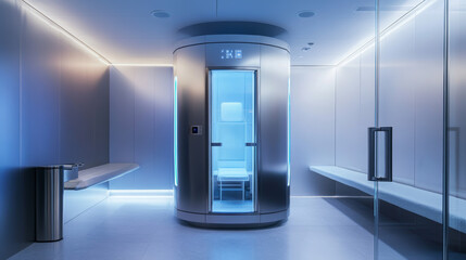 A high-tech cryotherapy chamber in a sleek, minimalist wellness facility with blue lighting, emphasizing advanced health and recovery technology.
