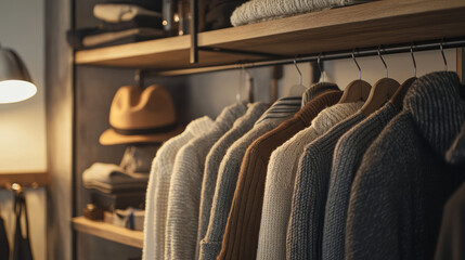 Obraz premium A row of warm, textured sweaters hanging neatly in a stylish, organized wardrobe with soft lighting, evoking cozy, autumnal vibes. 