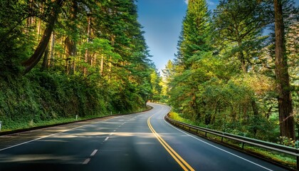 Obraz premium Scenic Curved Road Through Lush Green Forest