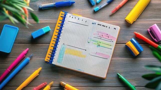 A top-down view of a notebook with daily schedules and reminders, surrounded by colorful pens and highlighters.
