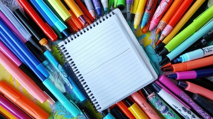 Fototapeta premium A top-down view of a spiral notebook with sketches and doodles, surrounded by colorful markers.