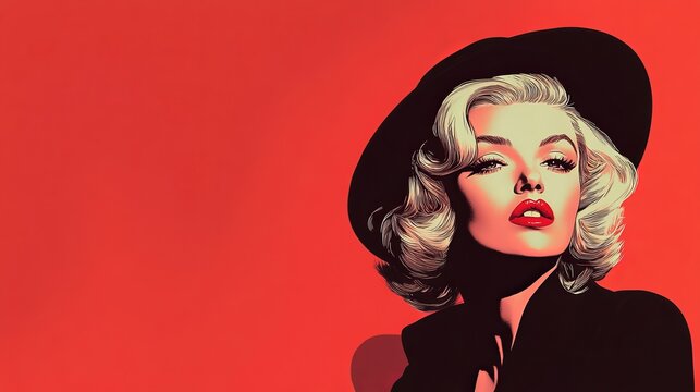 Iconic portrait of a glamorous woman with a black hat against a bold background
