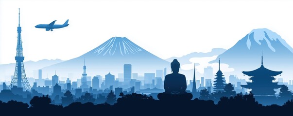 japan city skyline by Fuji mount is background while airplane fly above,generative AI illustration