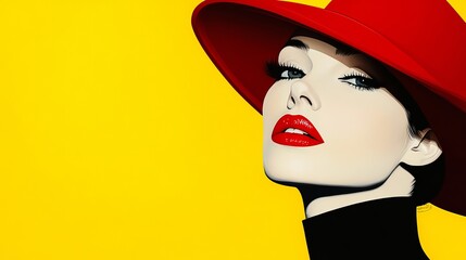 A model poses confidently, showcasing bold red lips and a striking red hat