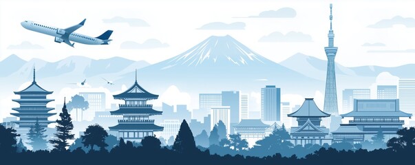japan city skyline by Fuji mount is background while airplane fly above,generative AI illustration