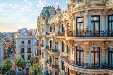 Obraz premium Colorful historic buildings with ornate architecture in scenic urban landscape