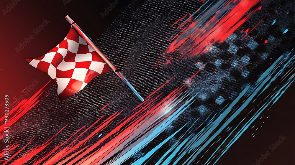 Poster checkered racing flag with abstract red and blue streaks on a black background.