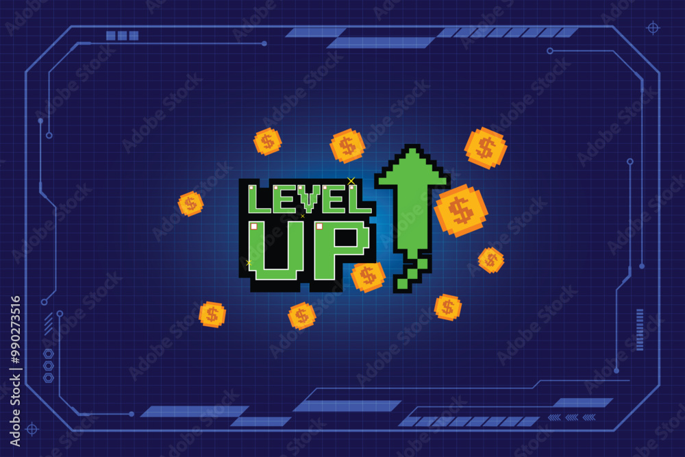 Wall mural level up !! text with gold coin on blue background. pixel art .8 bit game. retro game. for game asse