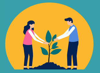 Creative illustration of a woman and a man planting a tree