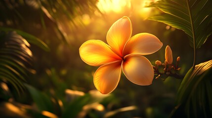 Single Yellow Frangipani Flower in Sunlight with Green Foliage