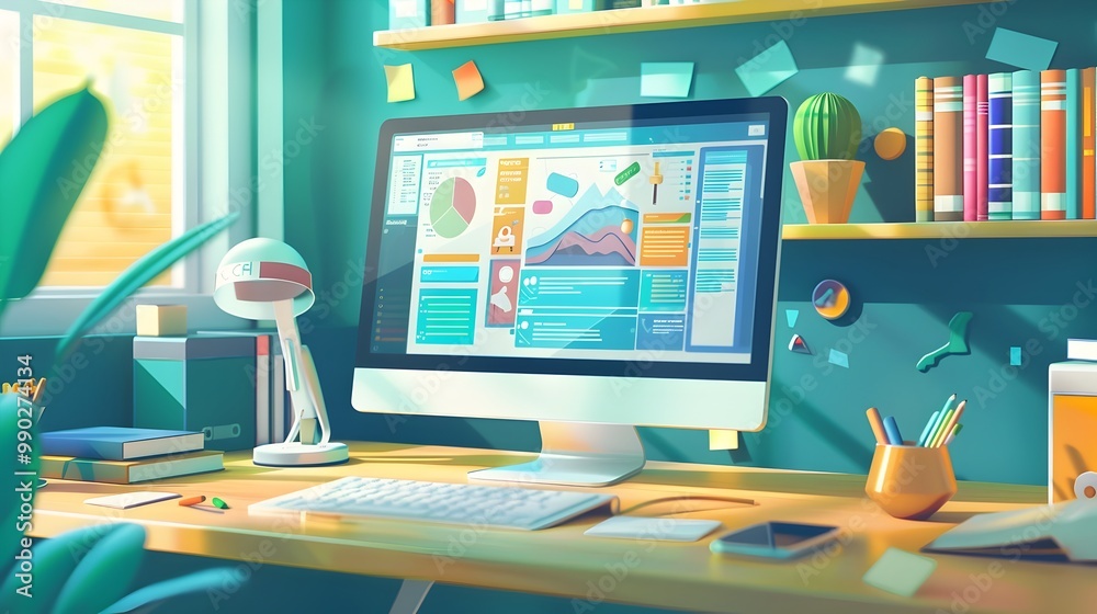 Poster high tech homeschool setup with personalized learning dashboard and interactive exercises