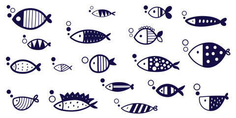 Fish and bubbles. Сute set on a transparent background. Hand drawn.