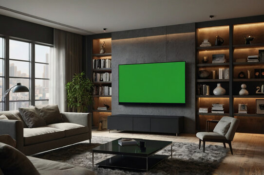 Realistic 40-inch LED TV with green screen on sleek stand, ideal for chroma key mockup.