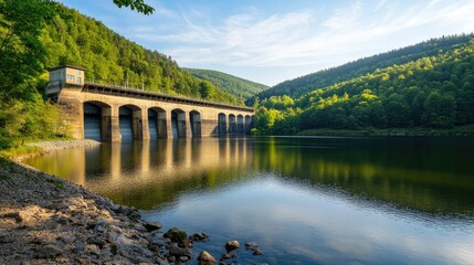 Fototapeta premium Water Control Structure with Arched Gates in a Serene Lake Setting