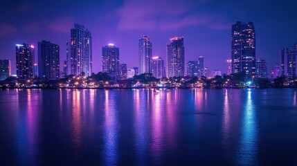 A city skyline is reflected in the water at night