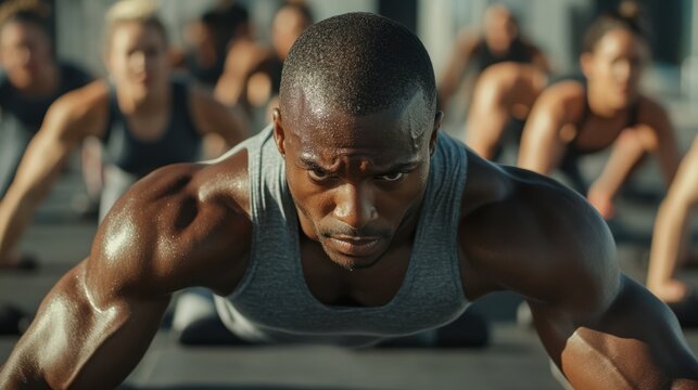 a group of focused individuals performing push-ups in a fitness class