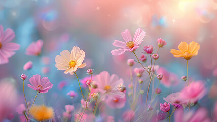 Colorful wildflowers in a meadow on a summer day, a greeting card in watercolor style