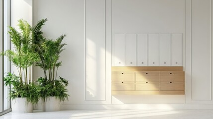 Minimalist Living Room with Wooden Cabinets and Vibrant Potted Plants