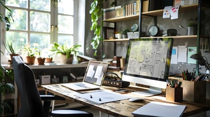 Fototapeta premium Eco Friendly Home Office with Paperless Digital Workspace and Reusable Furnishings