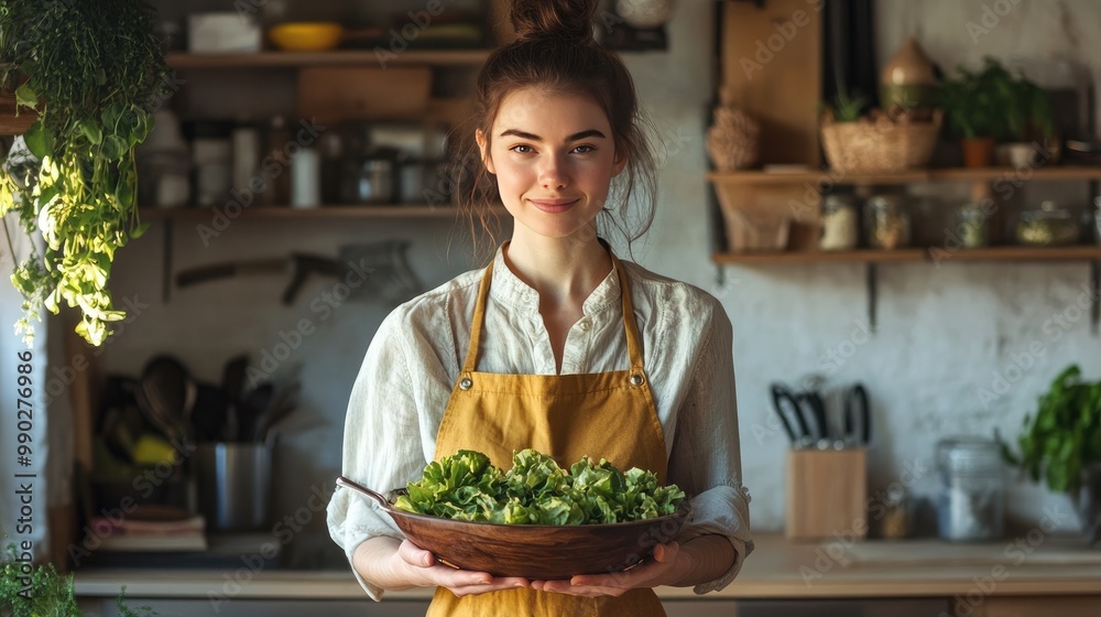 Wall mural Smiling woman holding a bowl of salad. This image can be used for advertising, blogs, and social media related to healthy eating, cooking, or lifestyle.