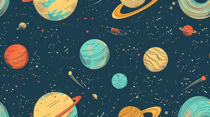 A playful and colorful pattern featuring planets, stars, and moons in vibrant hues. This whimsical design is perfect for children's products,